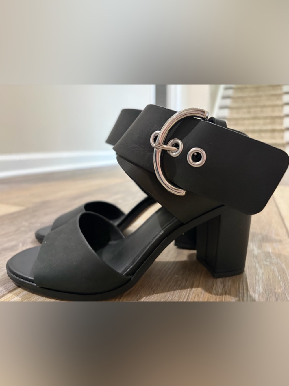 Black Chunky Heel Sandals with Silver Buckle Rebecca Minkoff